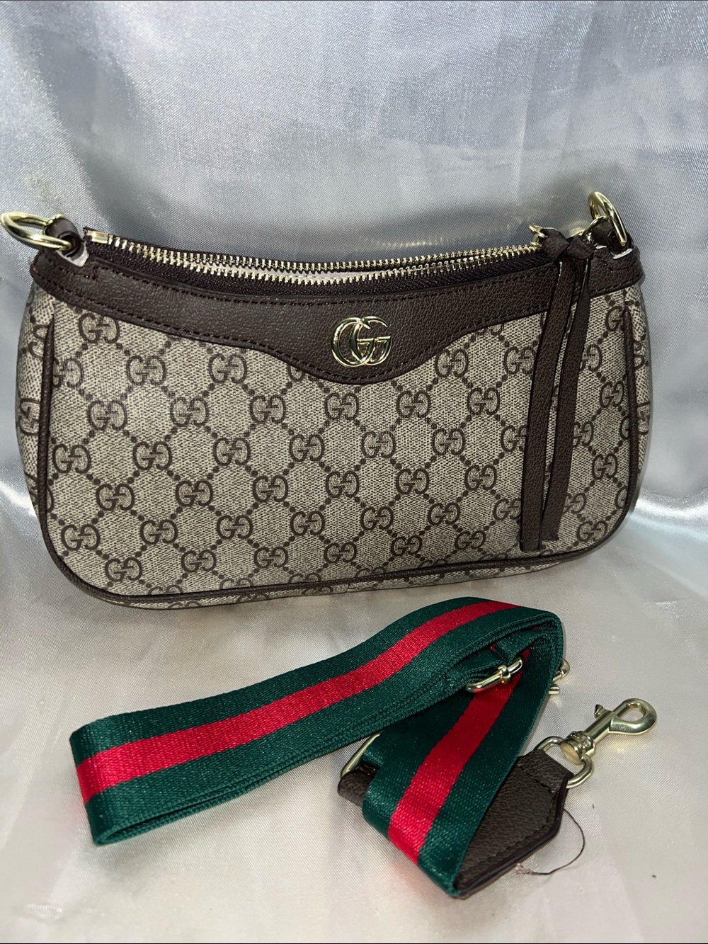 Beige Brown GG Canvas Shoulder Bag with Green-Red Web Strap